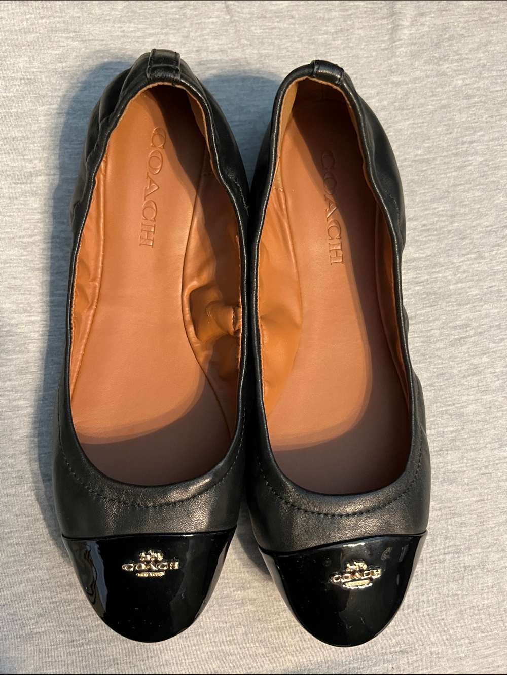 Coach Black Leather Ballet Flats with Patent Cap Toe